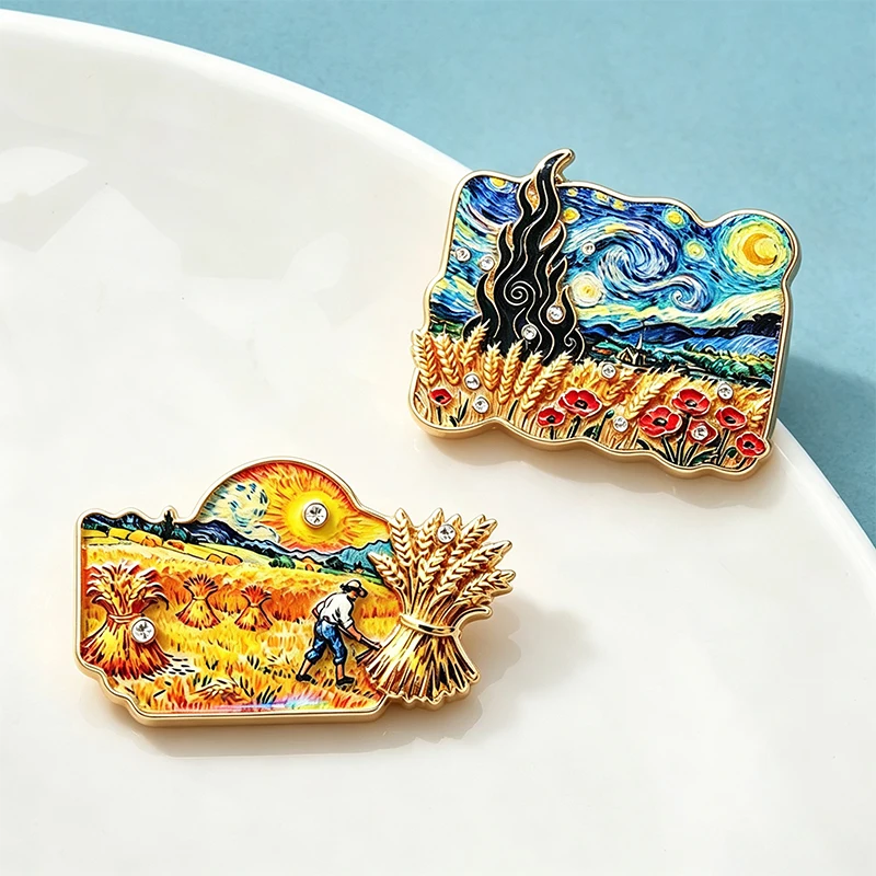 Wuli&baby Famous Picture Brooches The Harvest And Wheat Field with Cypresses Photo Party Brooch Pins For Women Unisex Pins Gifts