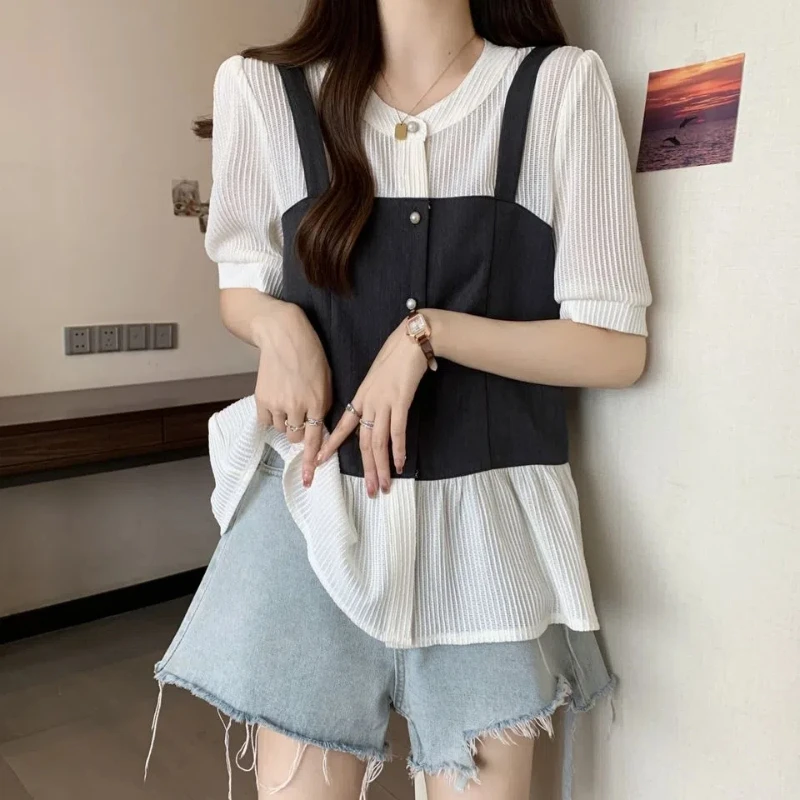 Striped Fake Two Pieces Shirt Tops Summer New Short Sleeve Button O-neck Loose Casual T Shirt Tops Fashion Sweet Women Clothing