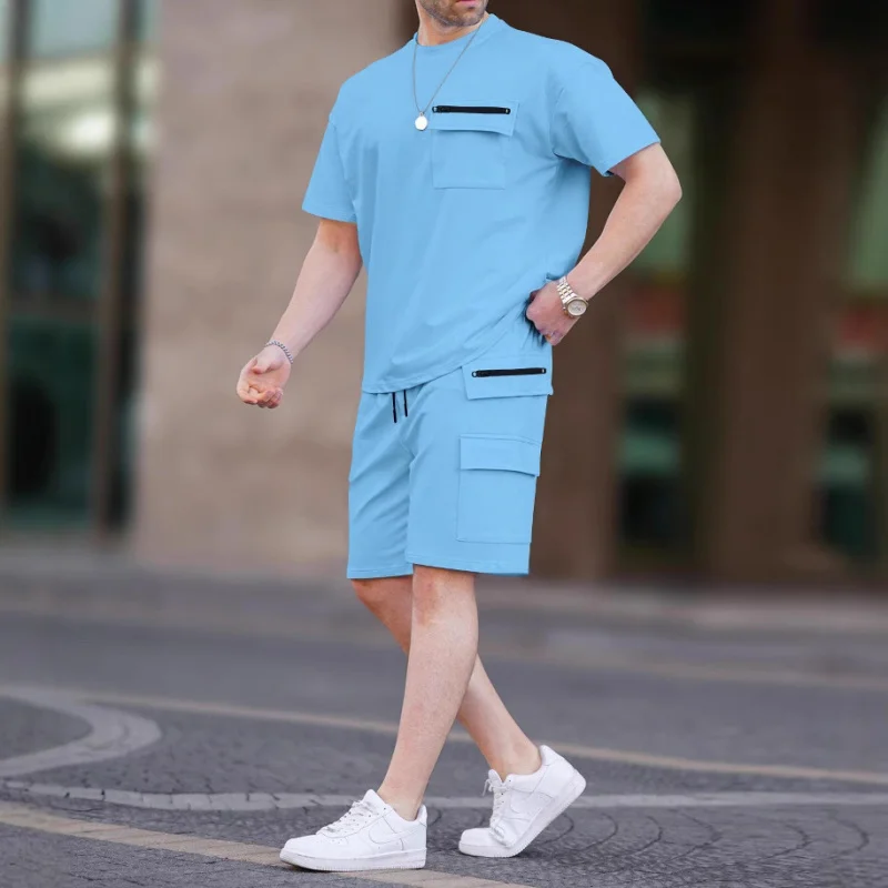

Summer European and American Cross-Border Men's Multi-Pocket Cargo Short SleeveTCasual Shorts and T-shirt Set