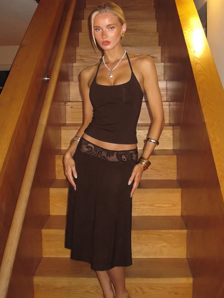 

Blifanbo Halter Sexy Skirt Two Pieces Sets For Women Spaghetti Strap Sleeveless Vest Top And Lace Patchwork Skirt Matching Sets