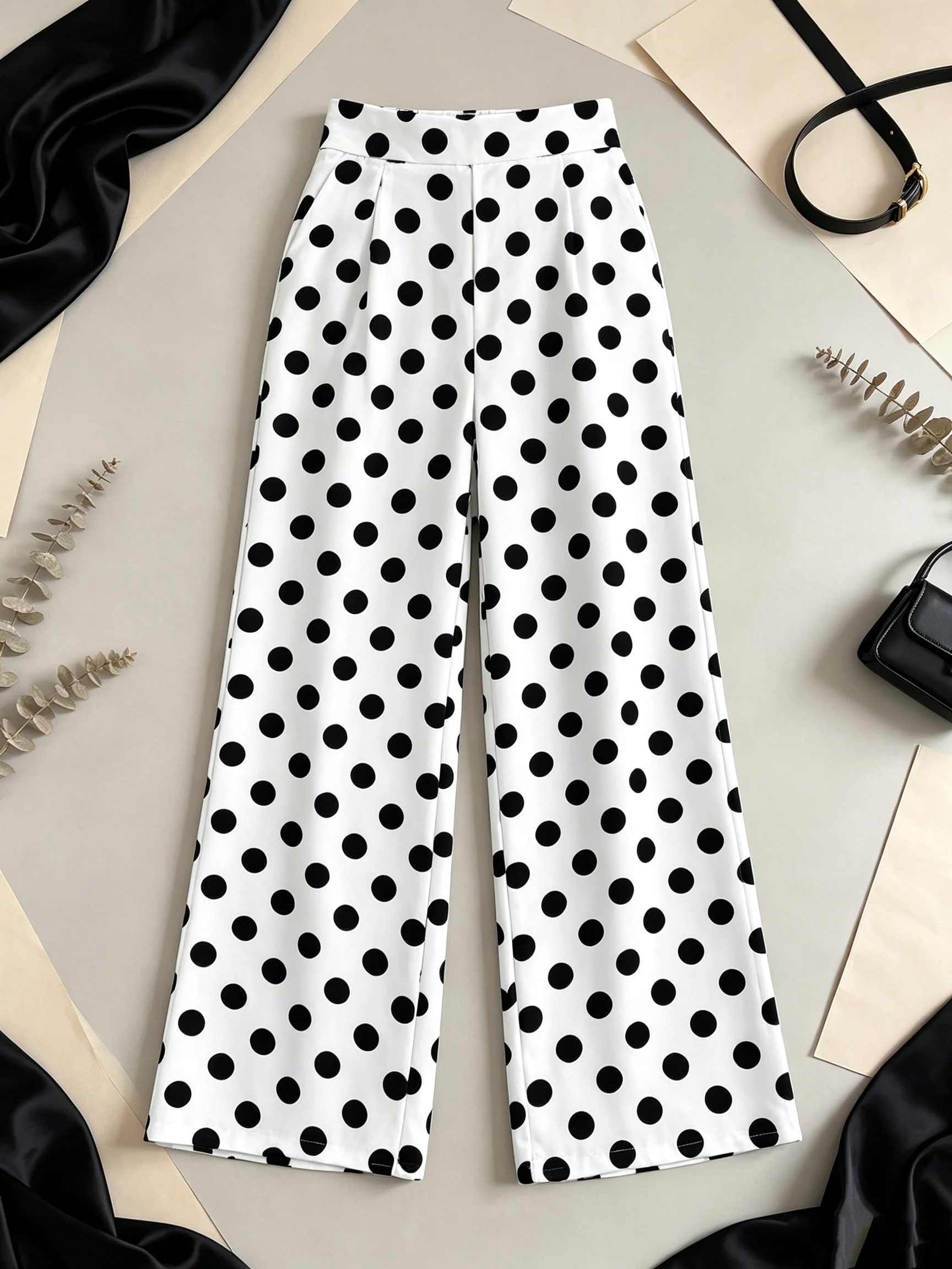 Women's Elegant Wide Leg Pants Solid Color Polka Dot Casual Comfortable Elastic Waist Long Trousers