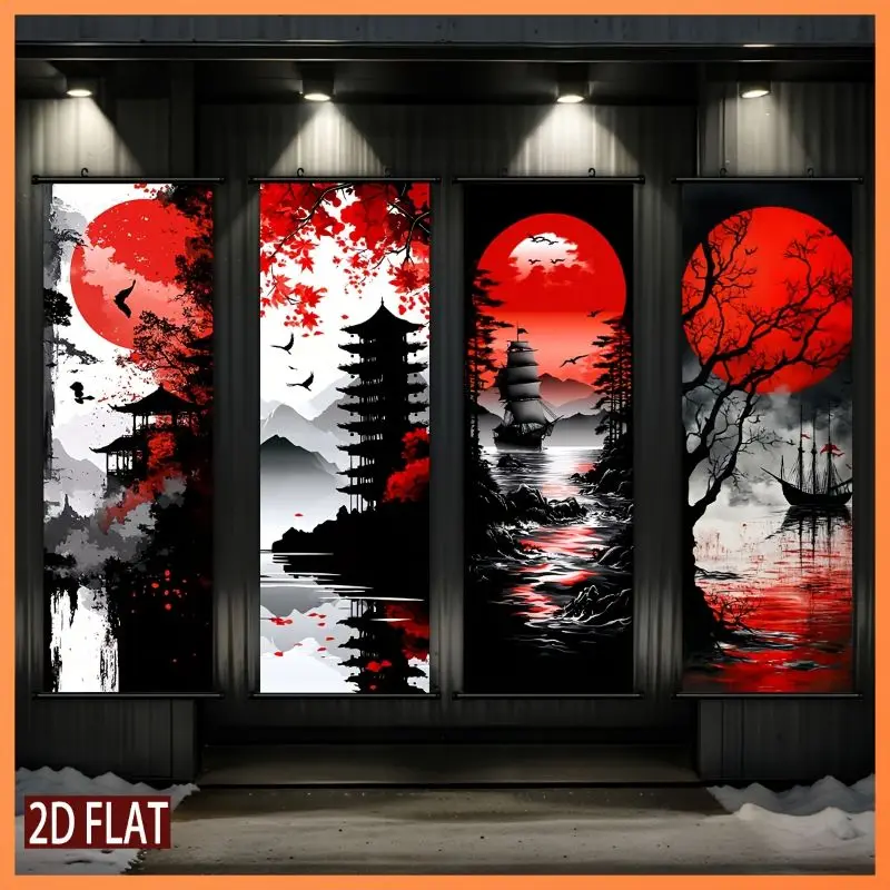 VIKAMA Monochrome Vermilion Ink Wall Tapestry Scarlet Sun Pagoda Sailboat Pine Bird Sumi Scroll Art Home Decor Unique Gift Soft