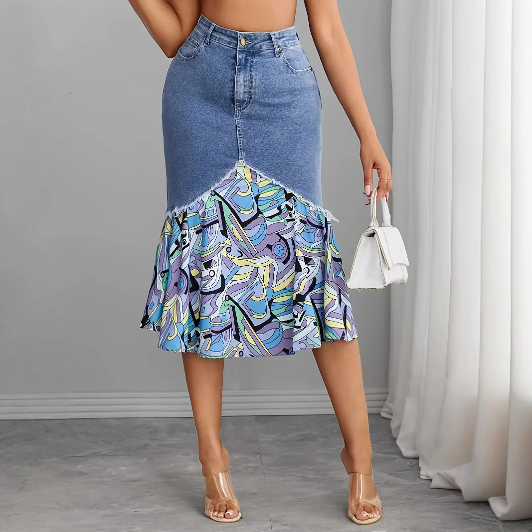 

2025 Women's Wrap Tiered Denim Chiffon Skirt Bohemian Mermaid Hem High Waisted A-Line Midi Summer Casual Beach Jeans