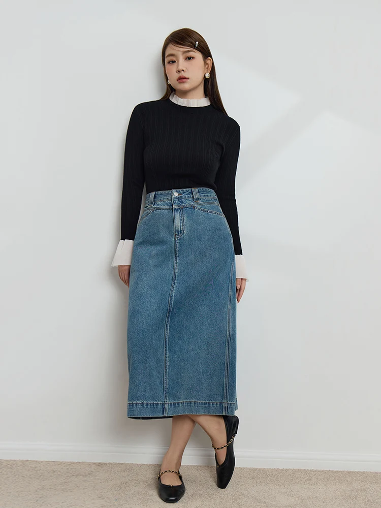 DUSHU 92.2% Cotton Women Dark Denim Blue Long A-LINE Skirts Back Slit Design 2023 Winter New Straight Denim Skirt Female Skirt