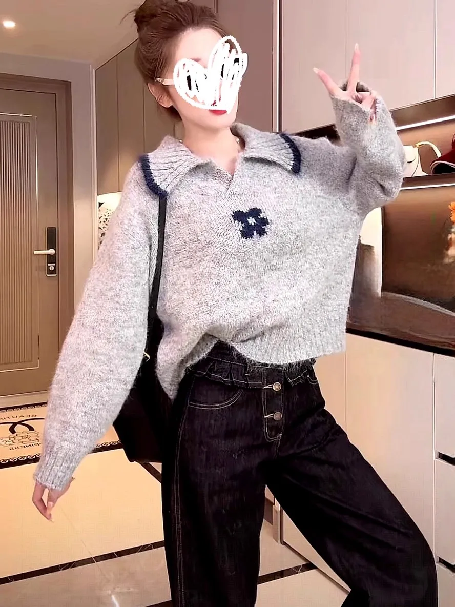 Słodki sweter damski z dzianiny na jesień i zimę, nowy, w modnych kolorach, z kwiatowym wzorem, casualowy, wygodny, ciepły, długi sweter.