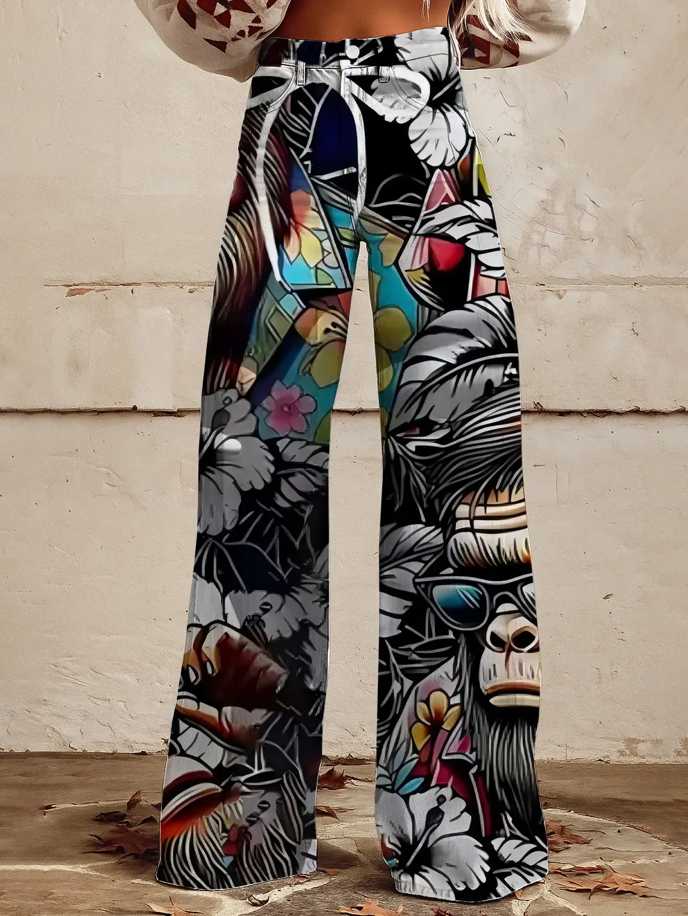 2026 Women's printed geometric pattern wide leg imitation jeans, Ground length winter pants