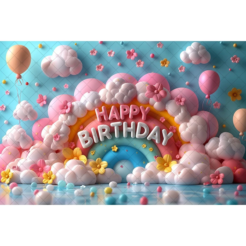 3D Balloon Rainbow Happy Birthday Party Background 3D Balloon Rainbow Macaron Colorful Balloon Gift Children Birthday Backdrop