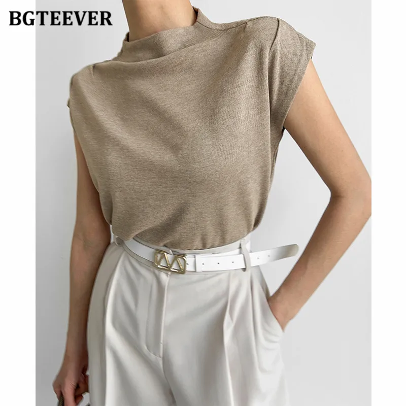 BGTEEVER Casual Knitting Cotton T-shirts for Women Sleeveless Loose O-neck Female Tees Elegant Ladies Tops Summer