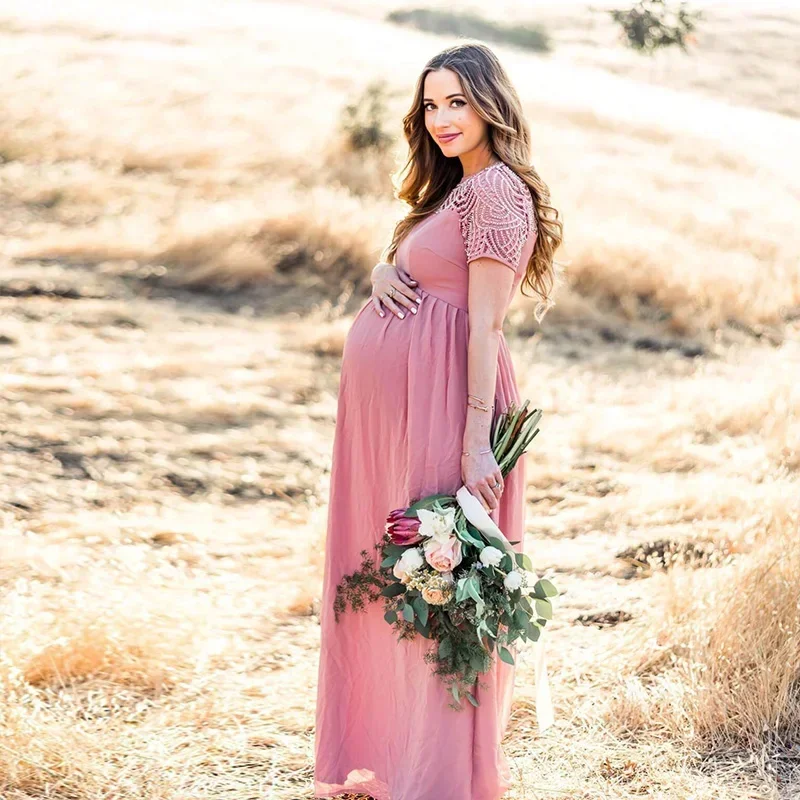 Maternity Dress Pregnancy Photography Props Dusty Pink Long Chiffon Dress  Elegant Pregnant Women Clothes Lace Dresses