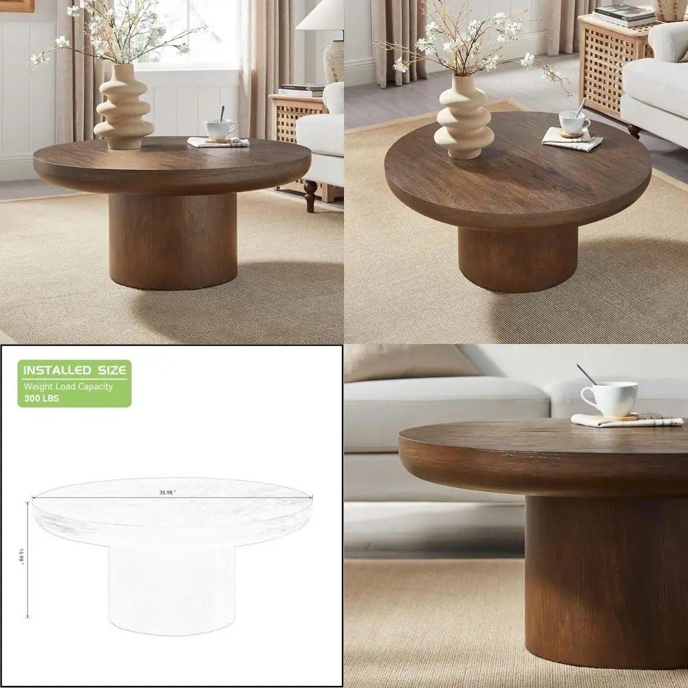 طاولة قهوة مستديرة ريفية مقاس 35.98 بوصة، مثالية لغرف المعيشة والشقق، سهلة التجميع، لمسة نهائية بنية داكنة، قطر 36 #1
