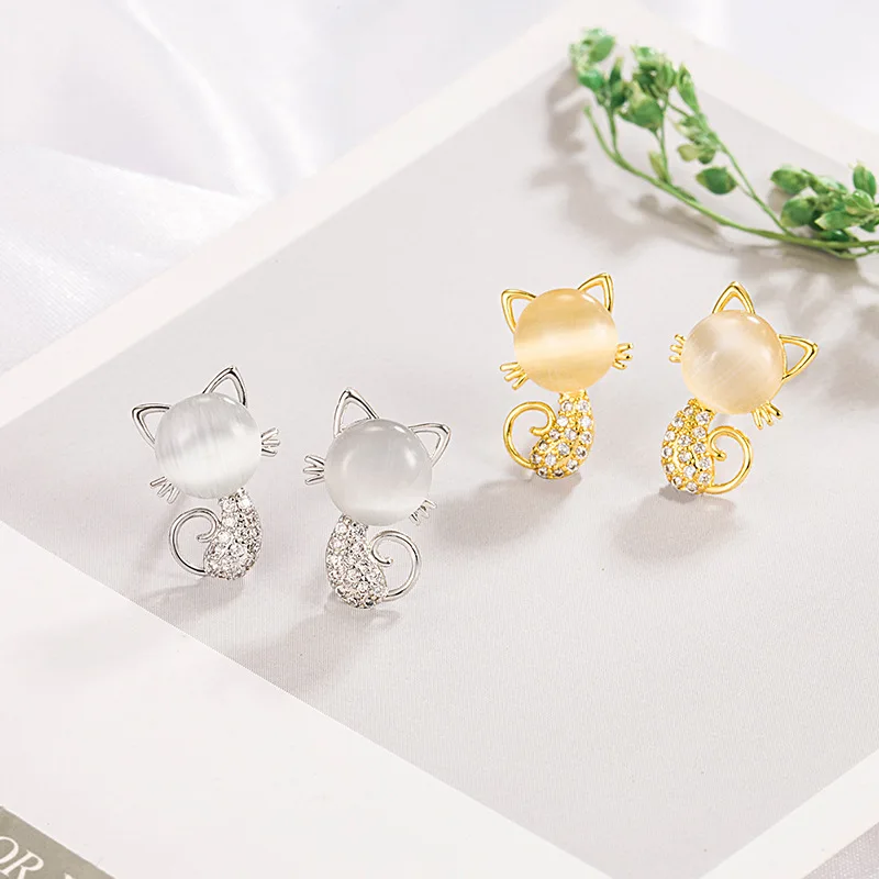 

Милые серьги-гвоздики в виде маленьких кошек для женщин, блестящие, с кристаллами и опалом, женственные, модные, аксессуары для пирсинга, подарки