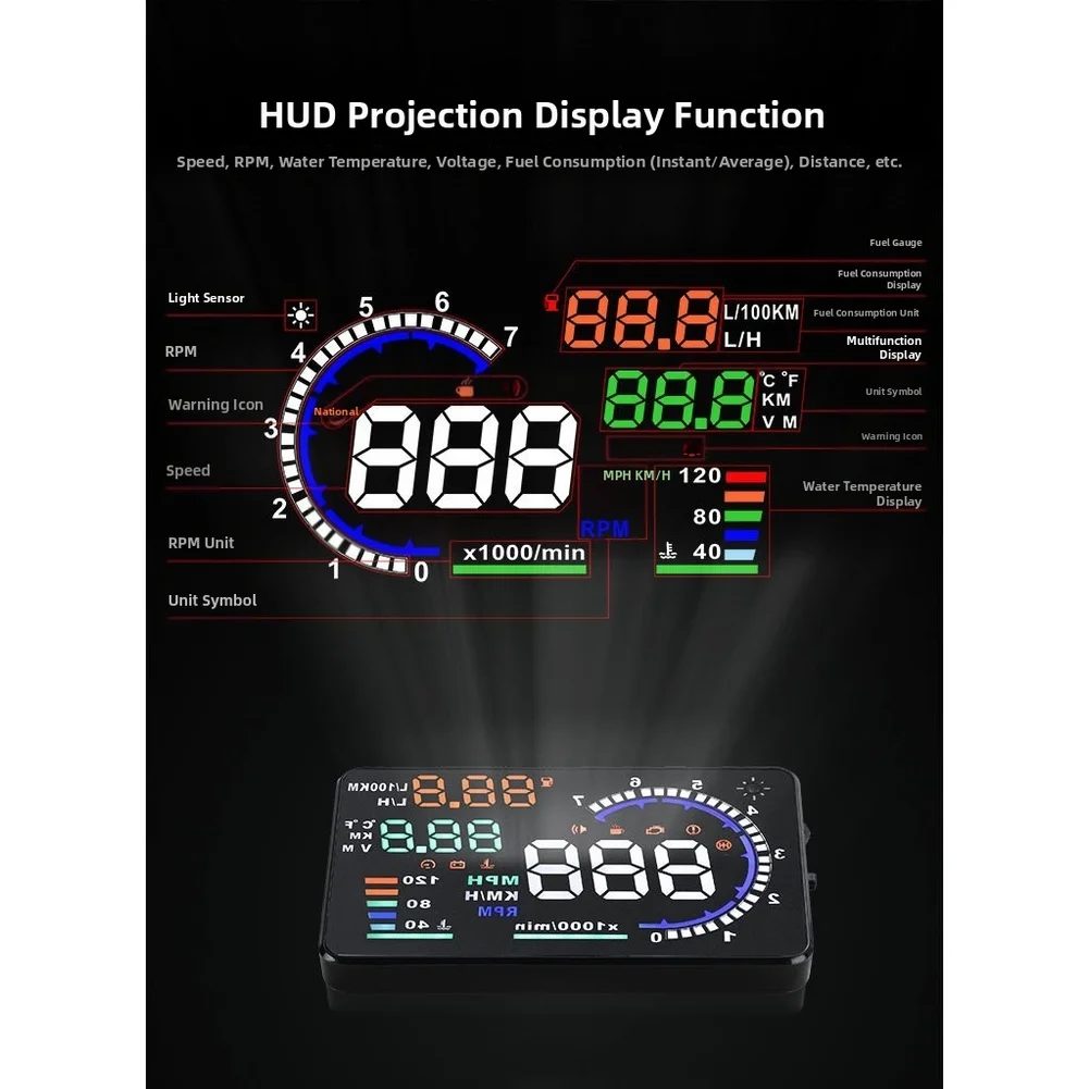 

Проектор Head-Up Display для автомобиля OBD2: скорость, обороты двигателя, температура, напряжение, расход топлива, чёткий яркий экран, датчик освещенности