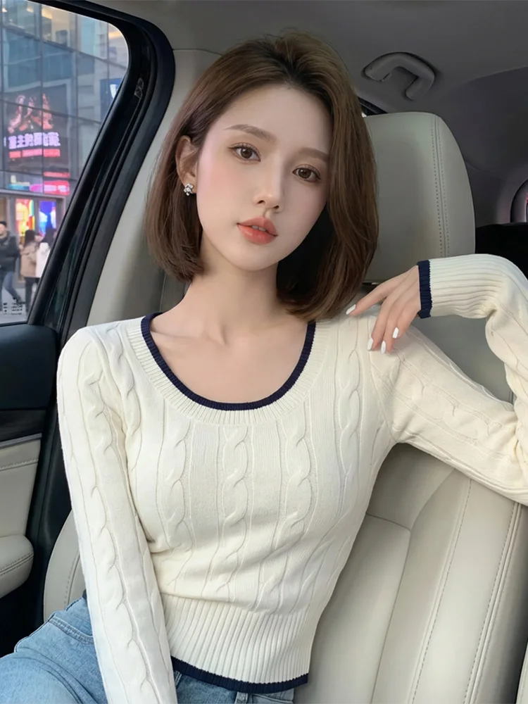 Retro Koreański Sweter Damski z Długim Rękawem, Dopasowany, Miękki, Idealny jako Bielizna, Podkoszulek na Jesień i Zimę