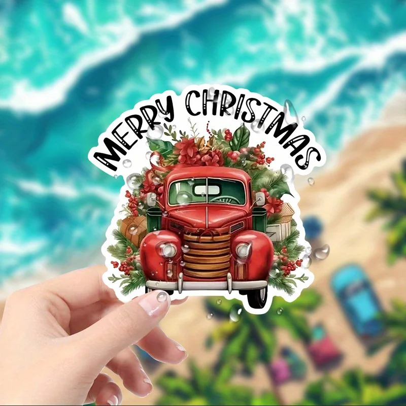 

1PC "Jolly 'Merry Christmas' Floral Red Truck Sticker for Xmas Coastal Personalization" Sticker, Fit for Insulated Tumblers
