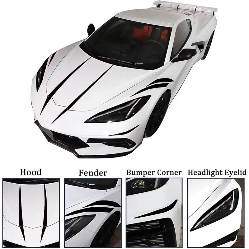 

Для Chevrolet Corvette C8 2020-2026: наклейки-полосы из ПВХ на уголок переднего капота, виниловые гоночные стикеры, аксессуары для пленки