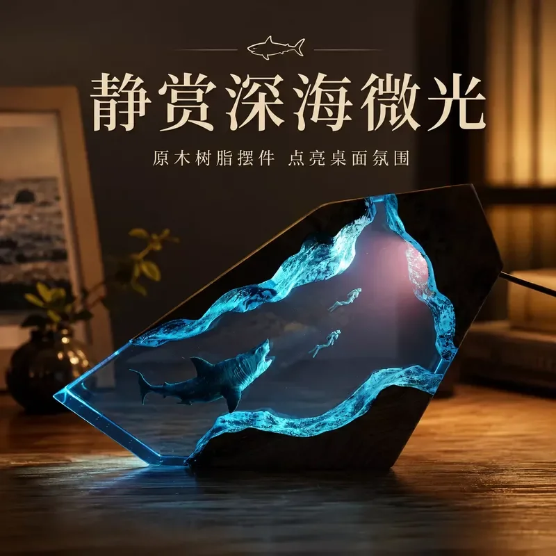 Handmade Shark Diver Resin Night Light Creative Table Lamp 3D LED Desk Decor Ambient Bedroom Bedside Lighting Birthday Gift