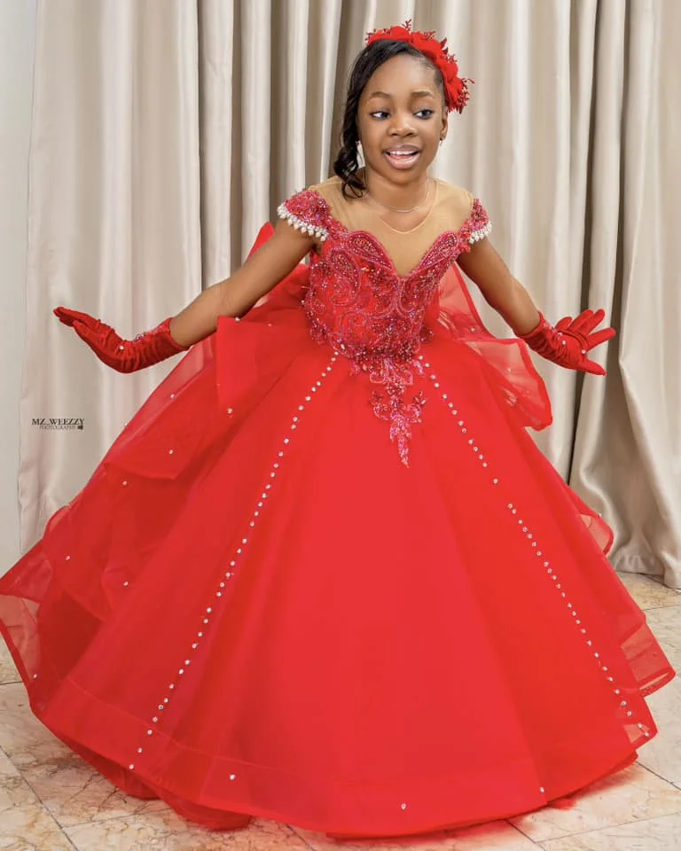 Red African Flower Girl Dresses Customized Princess Bow Back Lace-up Crystal Girls First Birthday Party Dress For Wedding Party