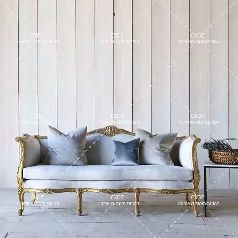 French Classical Solid Wood Gold Carved 3 Seater Sofa Luxury Living Room Furniture Vintage Style Couch for Home Decor