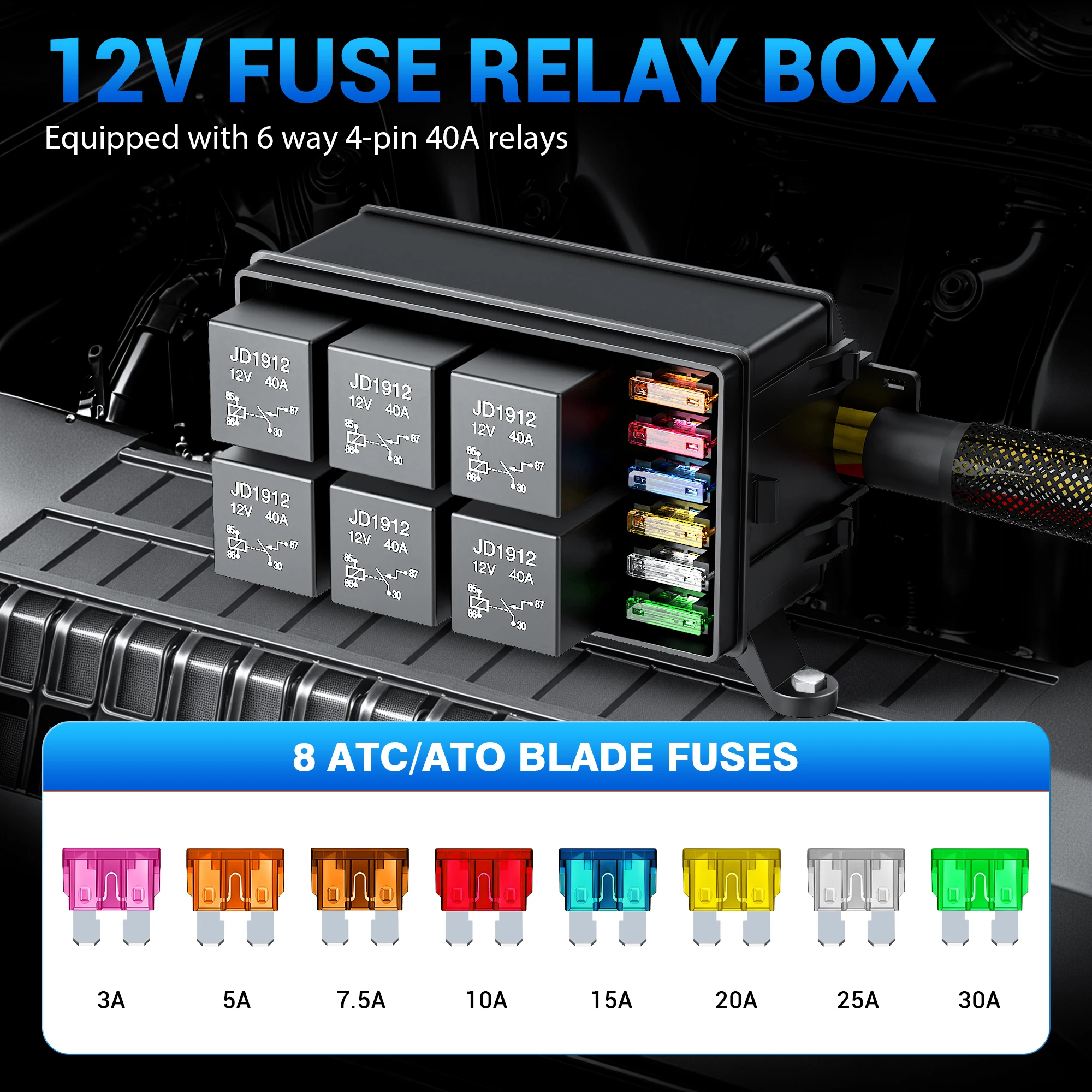 MICTUNING 12V 6-Slot Multifunctional Fuse and Relay Assembly—Pre-Wired Waterproof Enclosure, Suitable for Cars, Boats, and Yacht