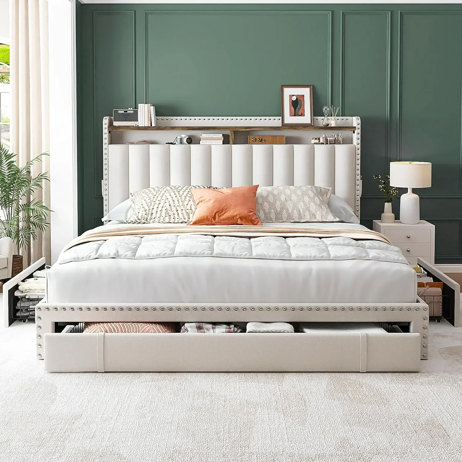 For Queen Bed Frame,Upholstered Platform Bed Frame Queen Size with 3 Storage Drawers,Queen Size Bed Frame with Storage