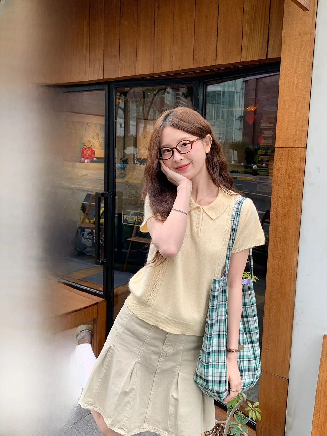 

Neck Knitted Short Sleeve Top Korean Style Fashionable Commute Gentle Retro Casual College Style Women's Clothing