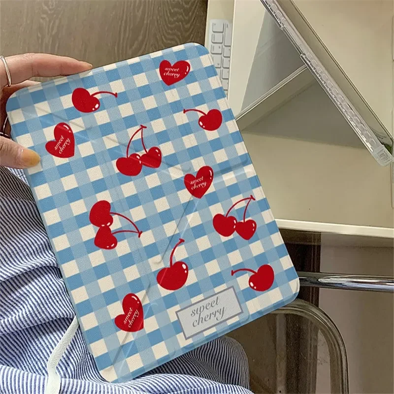 Red Cherry Blue and White Checkered Pattern Y-Fold Flip Cover For iPad Air 11 Pro 11 10.9in 13in M4 M5 Case iPad 10th A16 Cover
