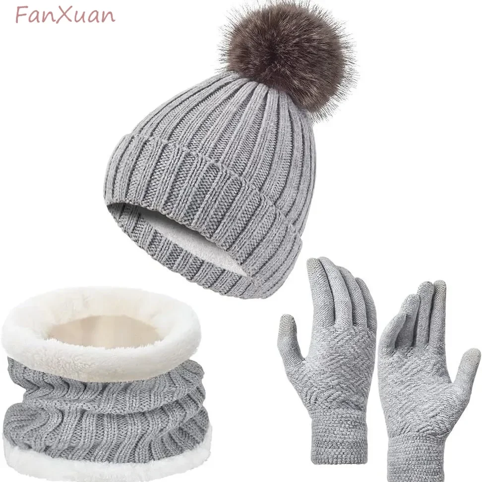 

3pcs Winter Set for Women Thick Knit Fleece-lined Beanies Snood Gloves Set Femlae Cute Fur Pompom Winter Hats