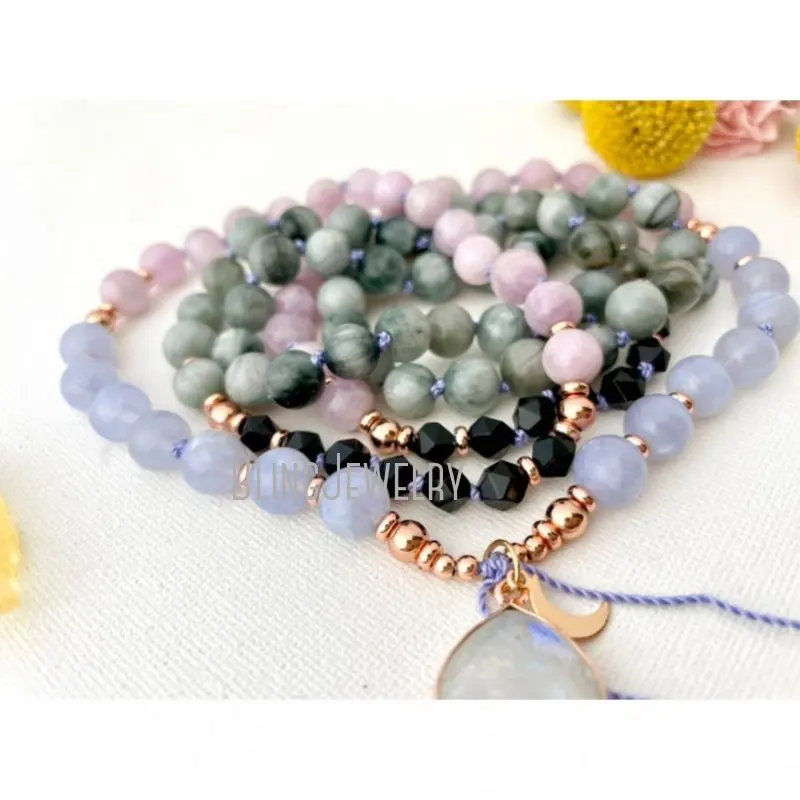 MN43545 Goddess Mala Necklace With Hawk 39 S Eye Onyx Blue Lace Agate Kunzite  Beads 108  Prayer  Yoga Gift For Her