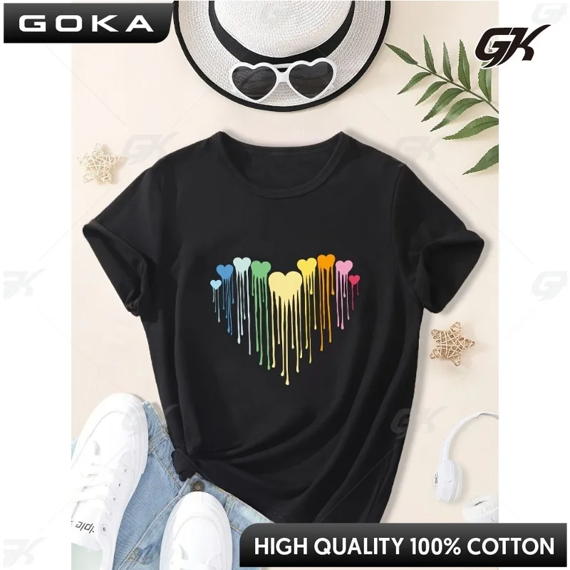 

Girls' Black Summer Clothing Colorful Heart-shaped Printed Casual T-shirt Fashionable Loose Short Sleeved Round Neck ropa mujer
