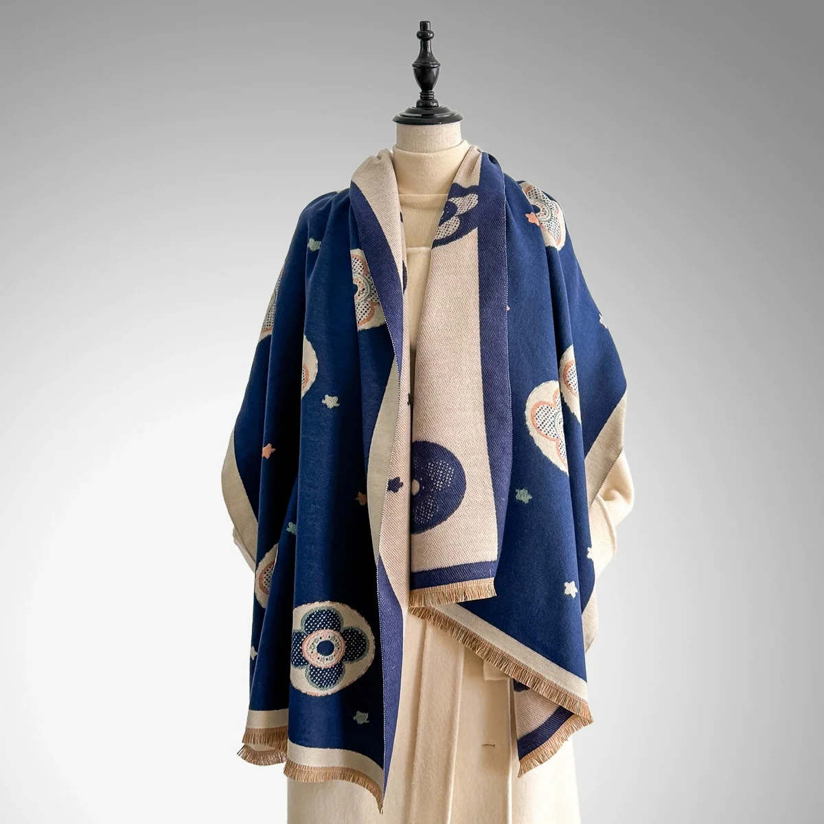 

Women's Winter Fashion Faux Cashmere Scarf Vintage Floral Print With Tassels Thick Warm Shawl Trendy Wrap For Cold Weather