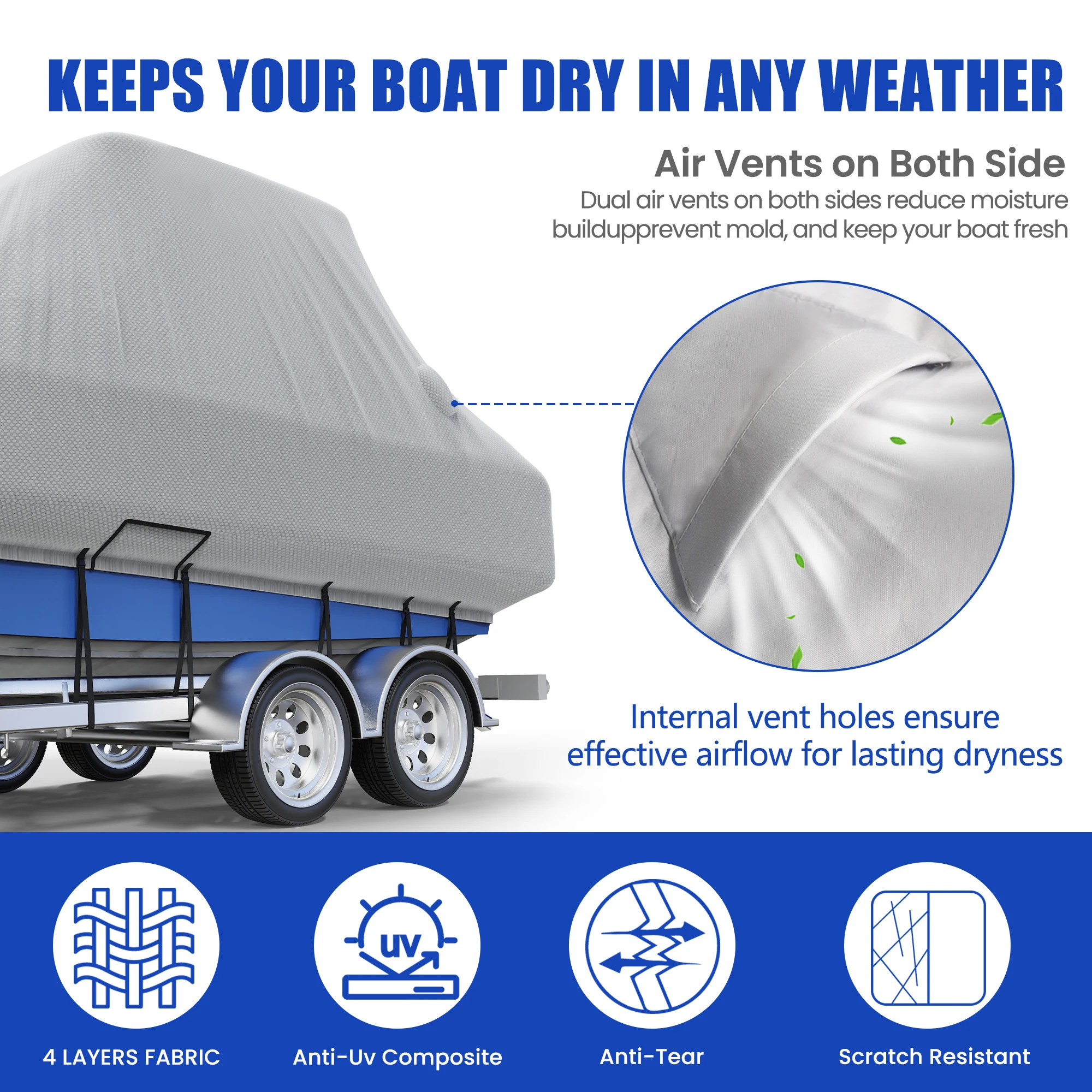 Hard/T-Top Boat Cover 16-32FT Weather Ripstop Trailerable 600D Heavy Duty Polyester with Air Vent Marine Accessories for Yacht