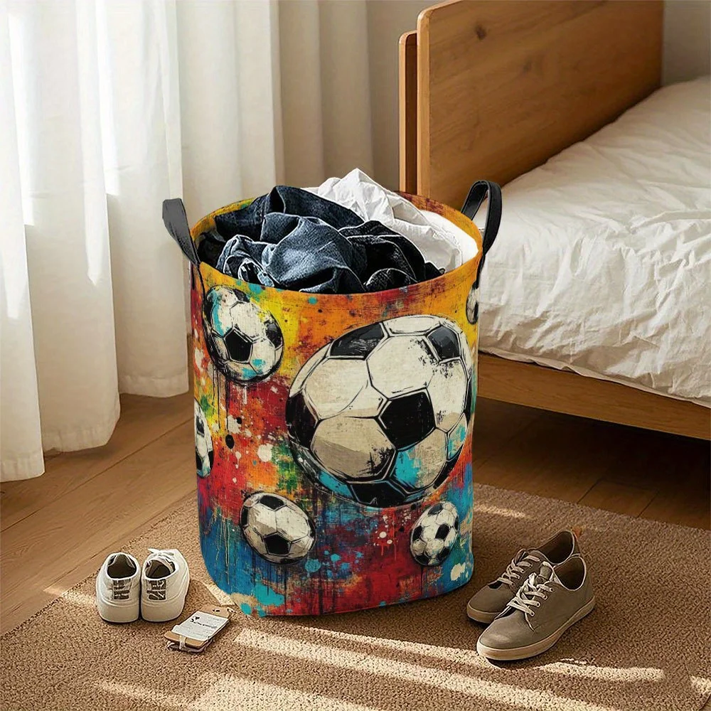 Bohemian Style Football Print Laundry Hamper with Handle Vibrant Soccer Ball Design Durable Polyester Compact Spacious