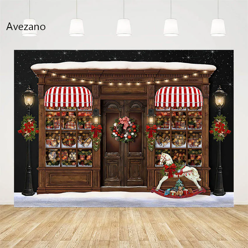 Avezano Christmas Backdrop for Photography Gifts Shop Wreath Trojan Horse Family Holiday Portrait Decor Background Photo Studio