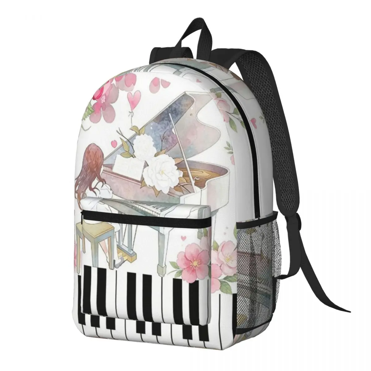 

Girl Playing Grand Piano Floral Motifs Backpack Daypack Large Capacity Kids BookBag School Bag Shoulder Bags for Men Women