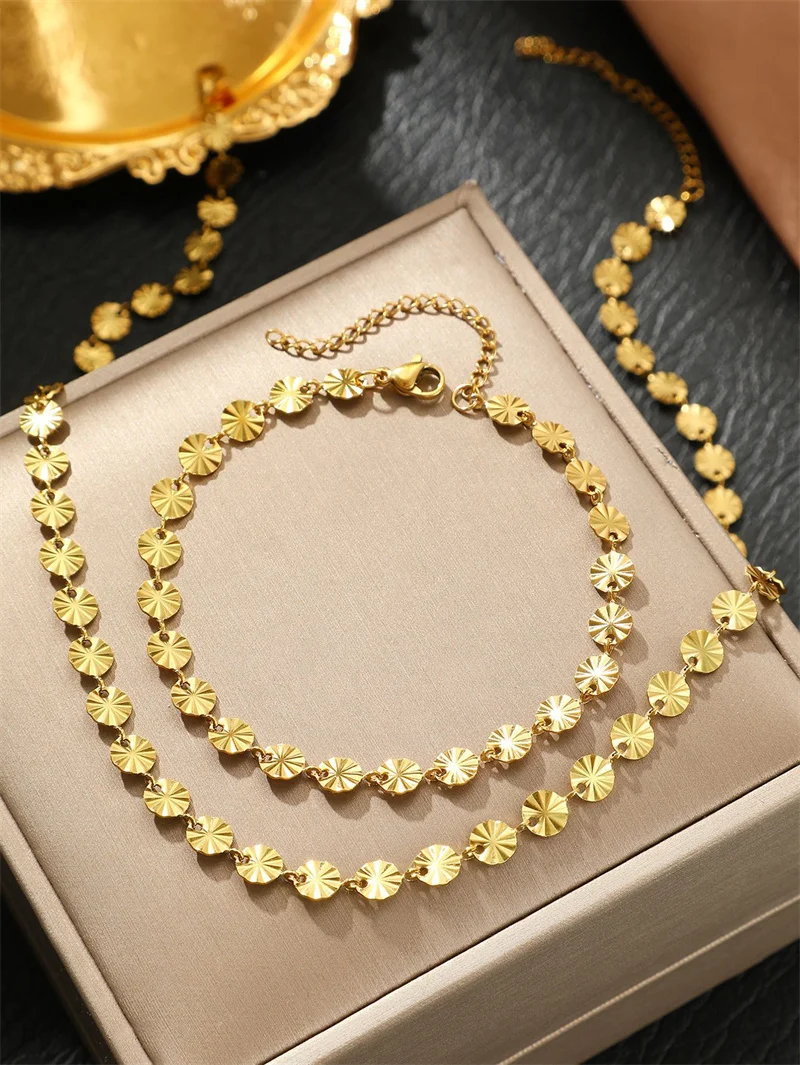 316L Stainless Steel Simple Fashion Luxury Handmade Chain Wafer Embossed Necklace Bracelet Set Personality Jewelry Suit