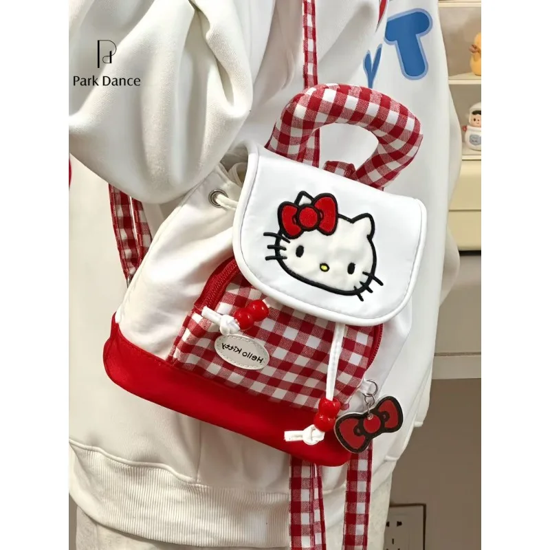 Sanrio Hello Kitty мультфильм портативный чехол на шнурке красный клетчатый рюкзак kt cat в студенческом стиле женский каваи модный крутой рюкзак