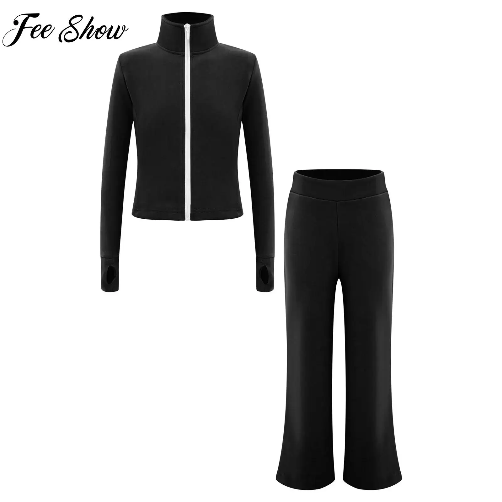 

Комплект из 2 предметов для гимнастики, фигурного катания на коньках, танцевальная одежда с отверстиями для большого пальца, флисовая куртка с длинными рукавами + брюки для тренировок, разминки