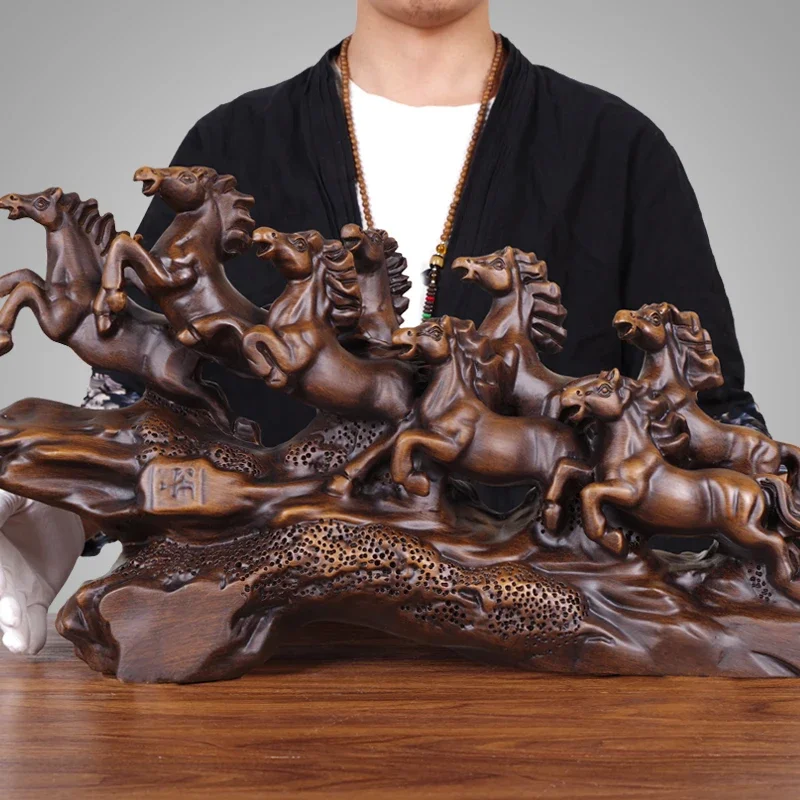 Solid wood carving Ba Jun Xiongfeng Lucky Horse Ornament Living Room