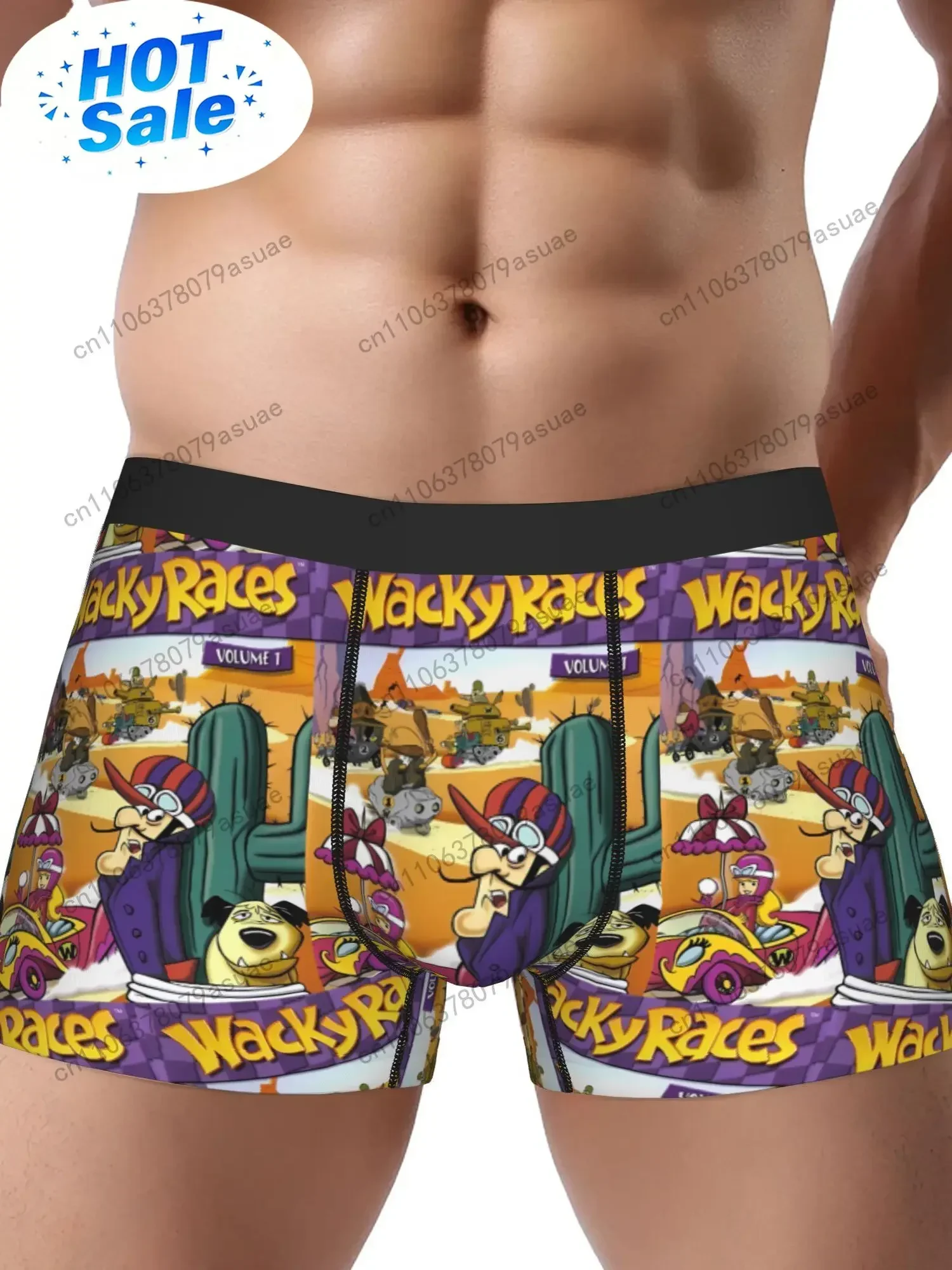 Men'S Wacky Races Cartoon Print Boxer Briefs Stretchy Comfort Fit with Vibrant Character Design Black Elastic Waistband BlacK