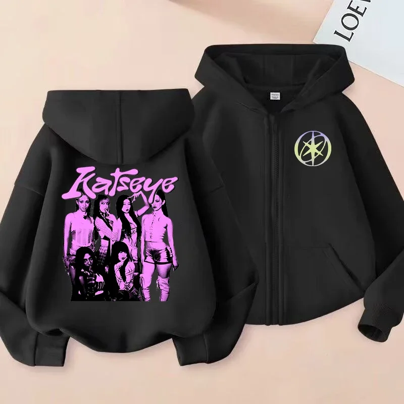 Katseye Graphic Print Zip-Up Hoodie – Girls' Warm Fall/Winter Apparel (2026) – Stylish Casual Children's Zip-Up Sweatshirt
