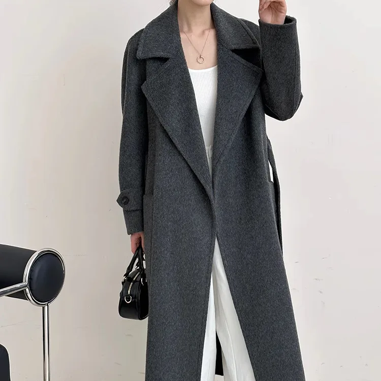 Korean high-end gray large collar double-sided cashmere coat for women, long style, 2024 autumn and winter minimalist woolen