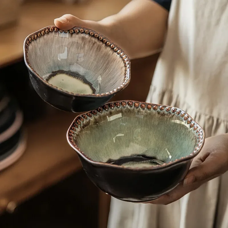 1pc Retro Kiln Turned Bead Edge Ceramic Bowl Shaped High Aesthetic Tableware Household Salad Bowl Mixed Noodles