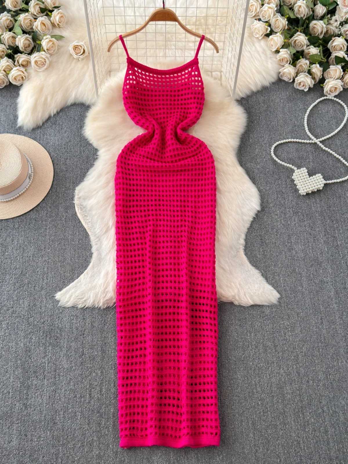 n Sle tricoté taille haute minceur plage Dr femmes été Vaion évider Bal sangle longue Dr