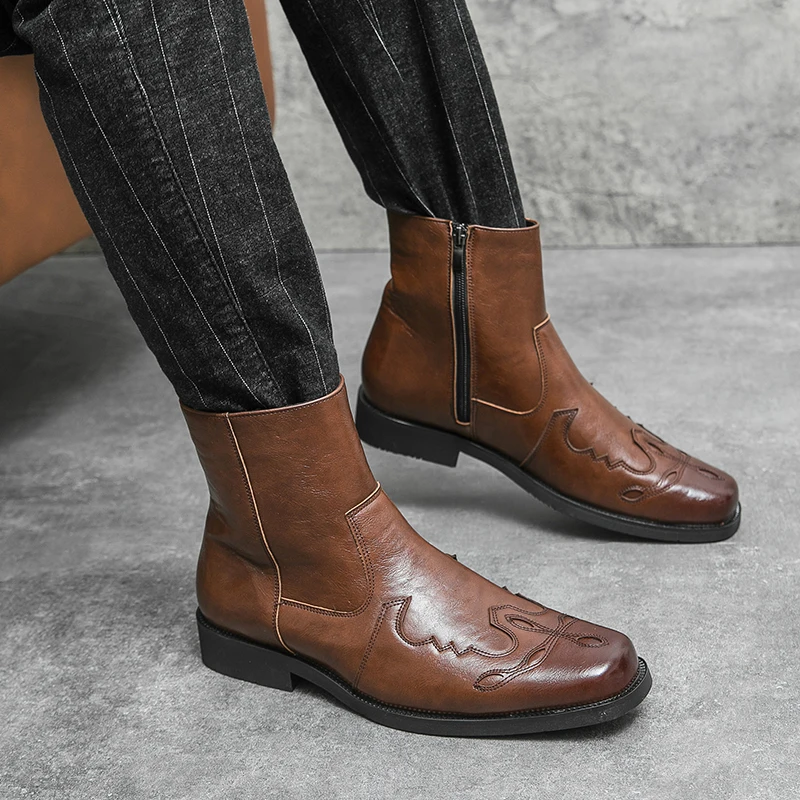 British Trend Men's Chelsea Boots Genuine Leather Designer Cowboy Boots Handmade Comfortable Western Quality Ankle Outdoor Shoes