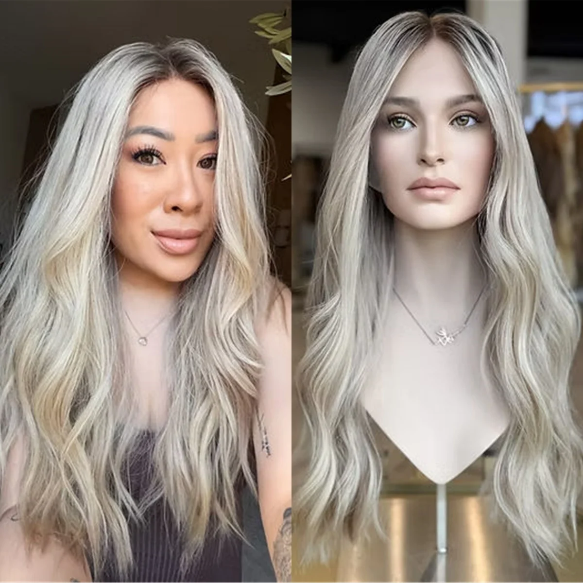 

26 Inch Ash Platinum Blonde Ombre Synthetic Lace Frontal Wig Middle Parting Loose Wave 13*4 High Definition Wig Female Daily Use