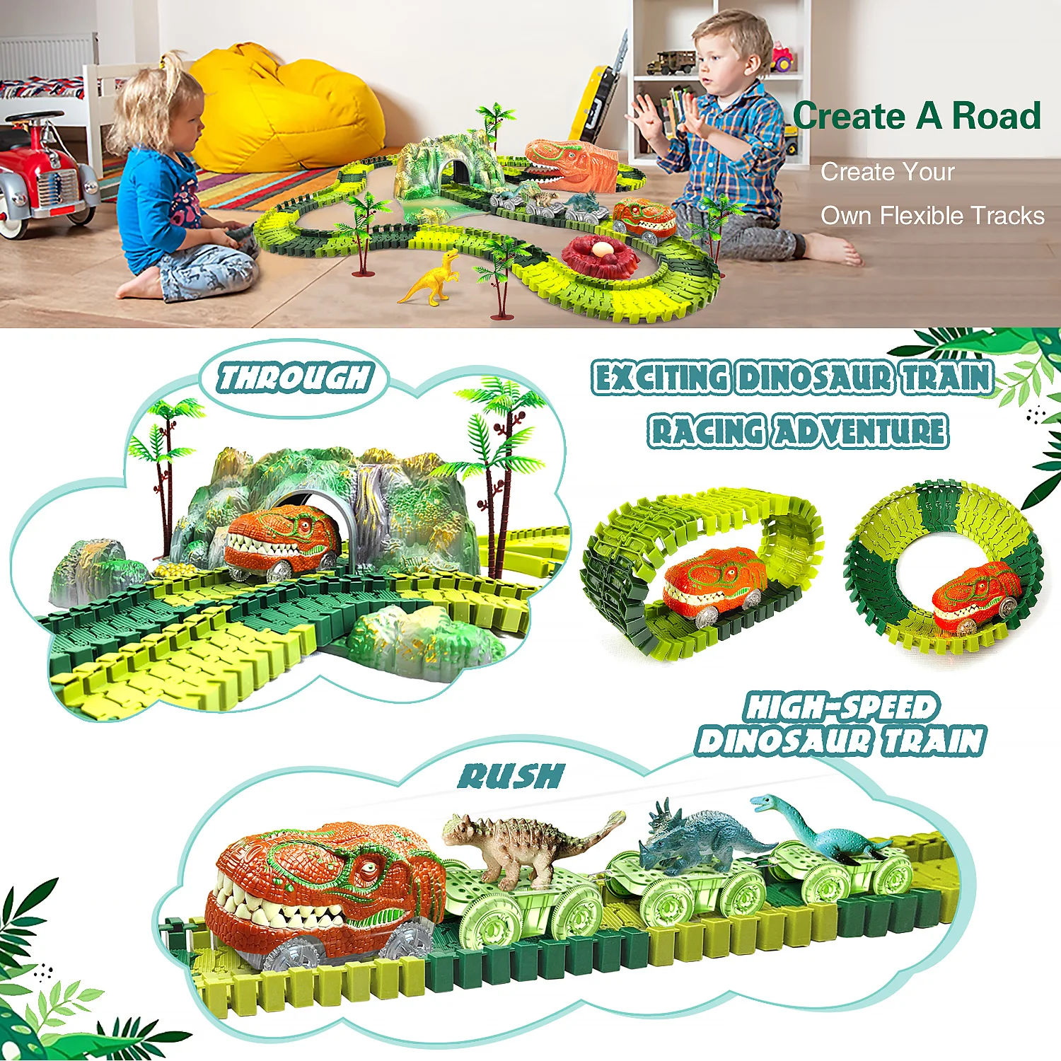 Dinosaur Toys Train Track Racing Set Bend Flexible Race Track Railway Flash Light Car Educational Toys for Kids Gift