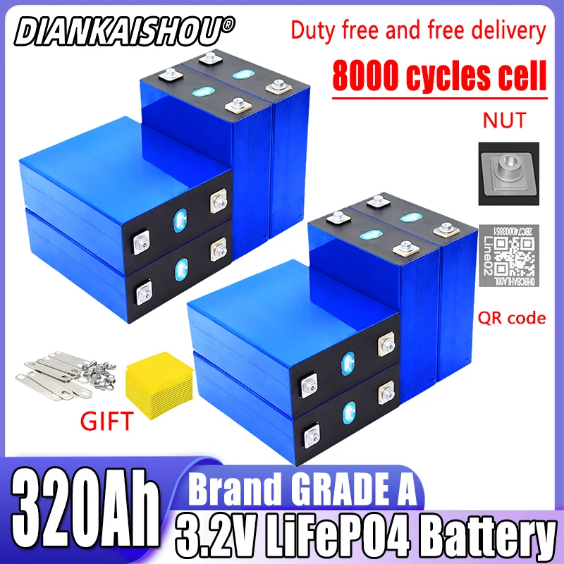 

NEW 8 pcs 3.2v 320ah Lifepo4 rechargeable battery GRADE A DIY 12v 24v 48v RV solar storage golf cart battery pack EU/US TAX-FREE