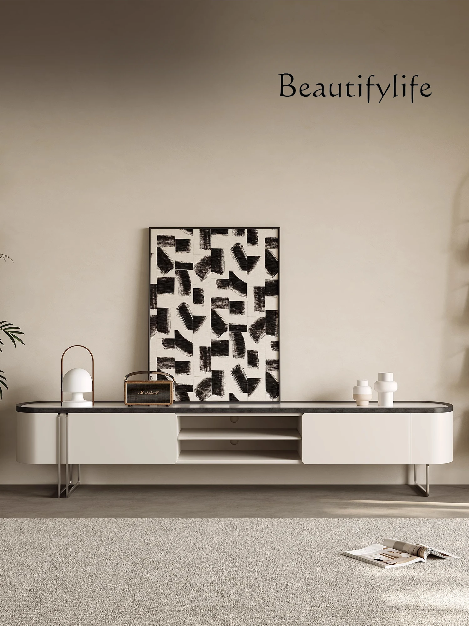 

Italian minimalist marble TV cabinet light luxury high-end storage stainless steel living room home