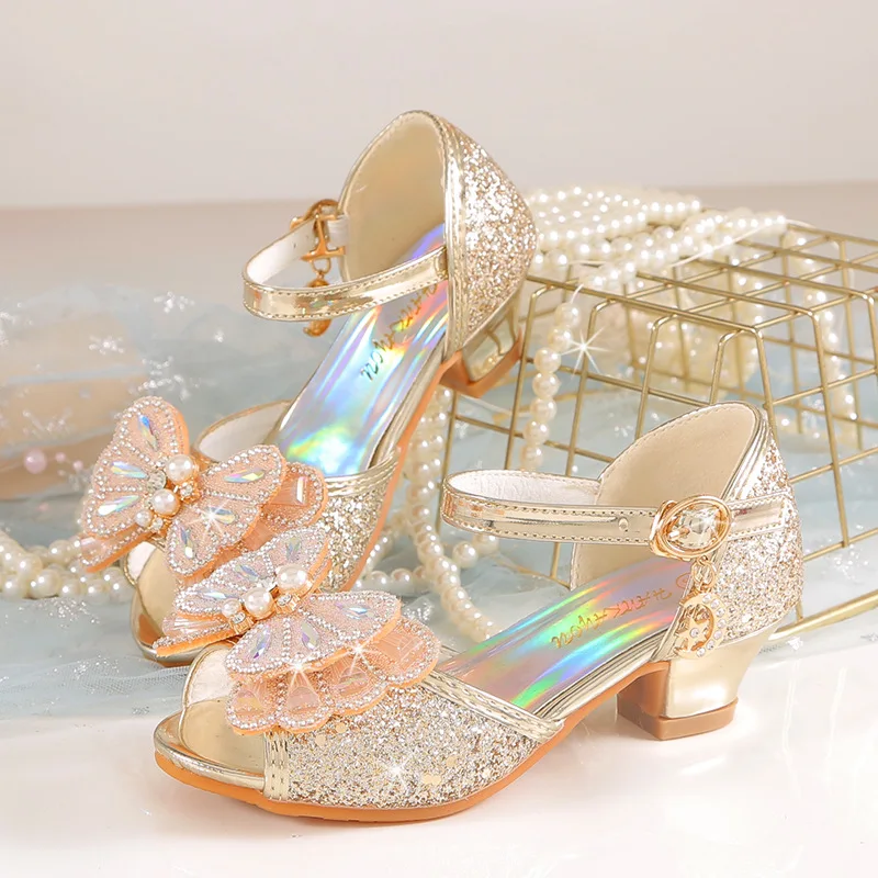 Zapatos de princesa para niñas, Sandalias de tacón alto con lazo de perlas, de cristal, para verano