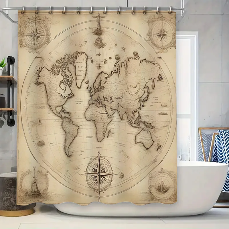 

Vintage World Map Shower Curtain Nautical Decor Collection Brown Beige Geographical Print Bath Mat Room Decor Item (290x180cm) #